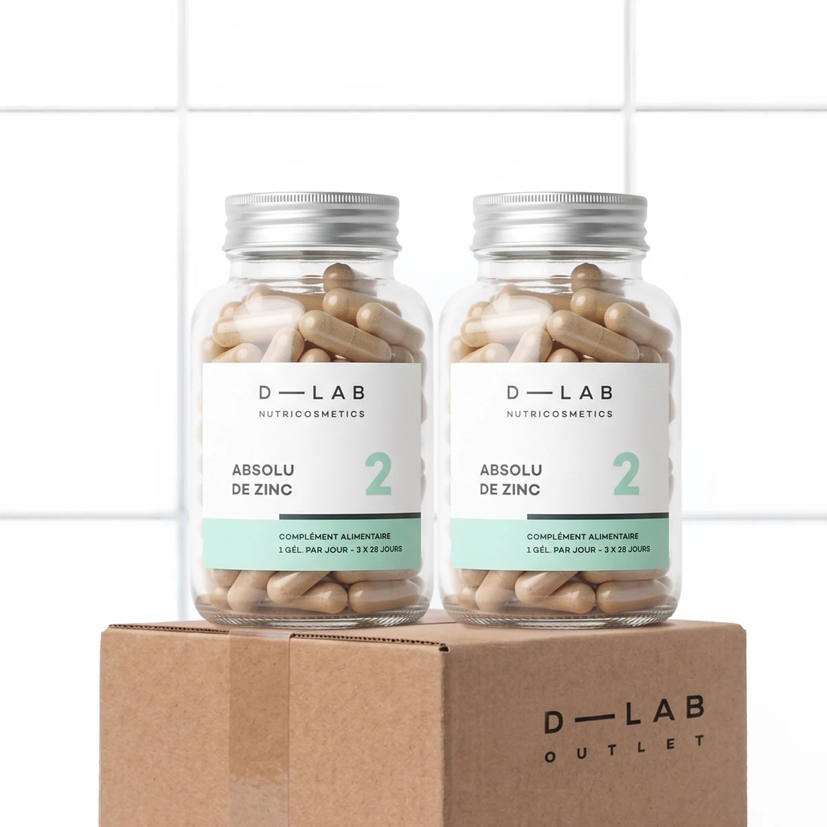 Six flacons Absolu de Zinc D-LAB, cure 6 mois de zinc, sélénium et vitamines B, packshot sur carton D-LAB Outlet