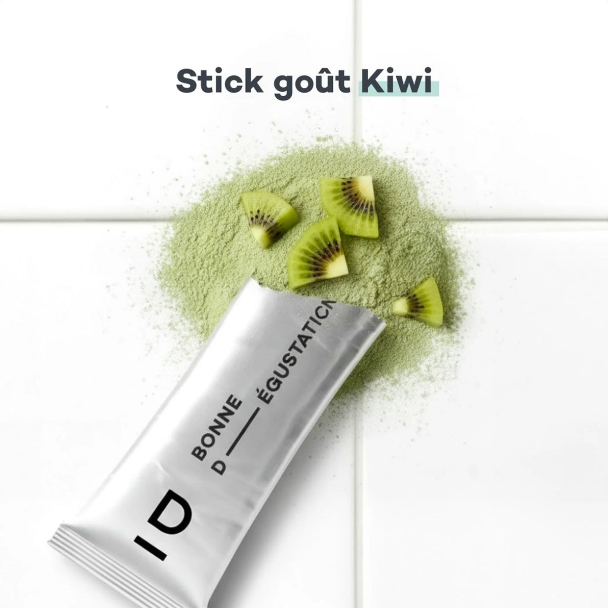 Coffret Boisson Anti-Cellulite Kiwi D-LAB Nutricosmetics, visuel présentant le goût de la boisson, drainage et collagène