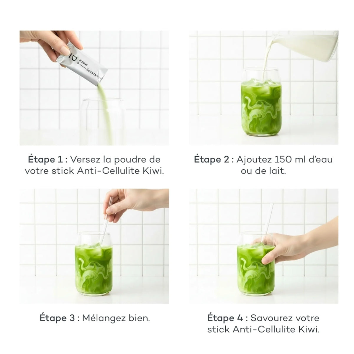 Coffret Boisson Anti-Cellulite Kiwi D-LAB Nutricosmetics, visuel expliquant comment utiliser le stick, drainage et collagène
