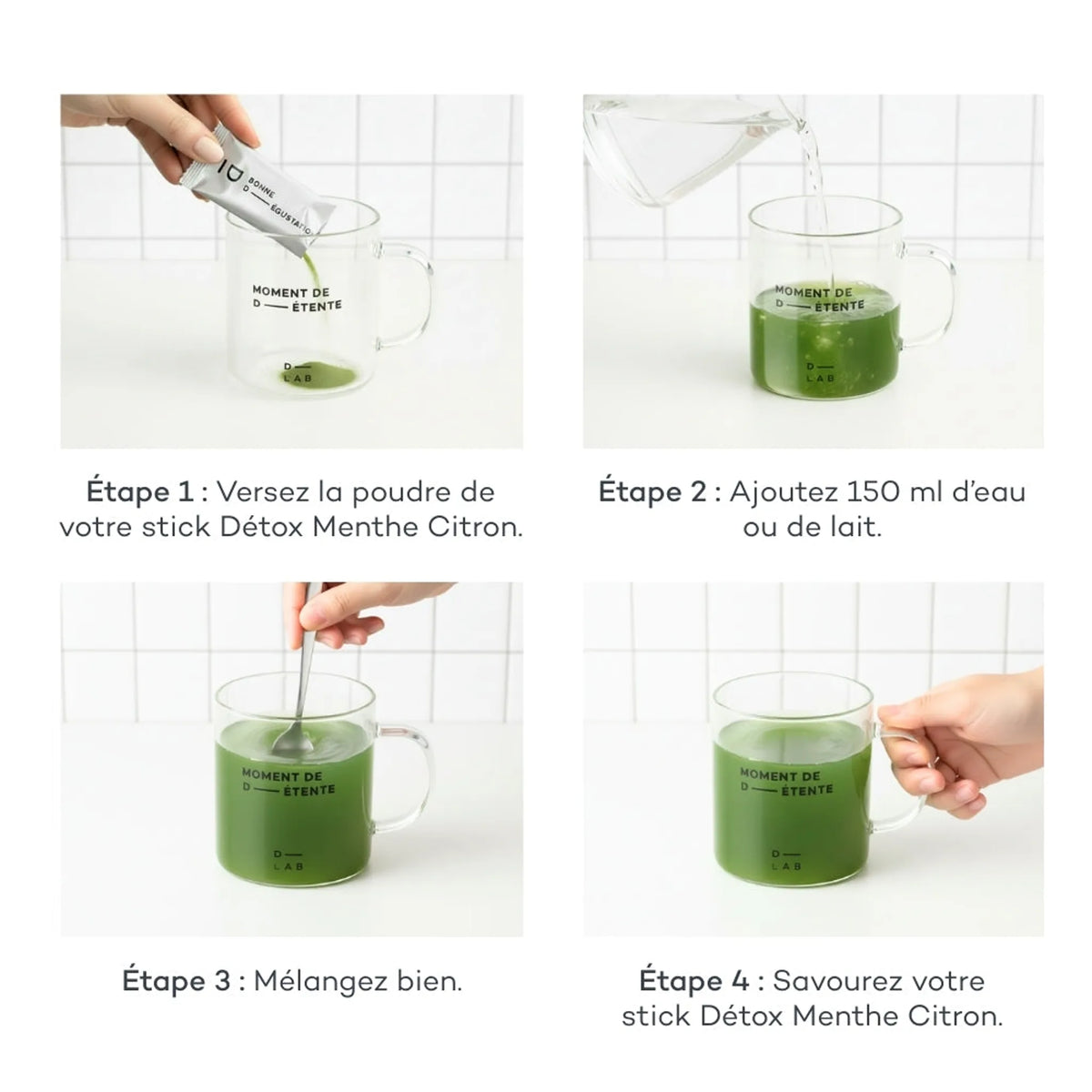 Coffret Noël Boisson Détox Anti-Sucre D-LAB Nutricosmetics, visuel expliquant comment utiliser le stick, saveur menthe-citron