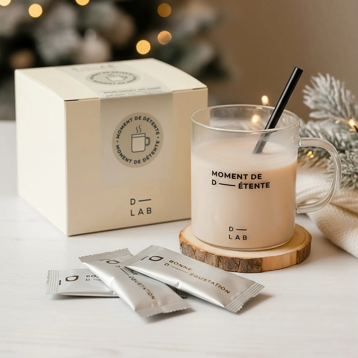 Coffret Collagène Peau-Neuve Choco-Noisette D-LAB Nutricosmetics, packshot du coffret avec son mug en verre, lift et fermeté