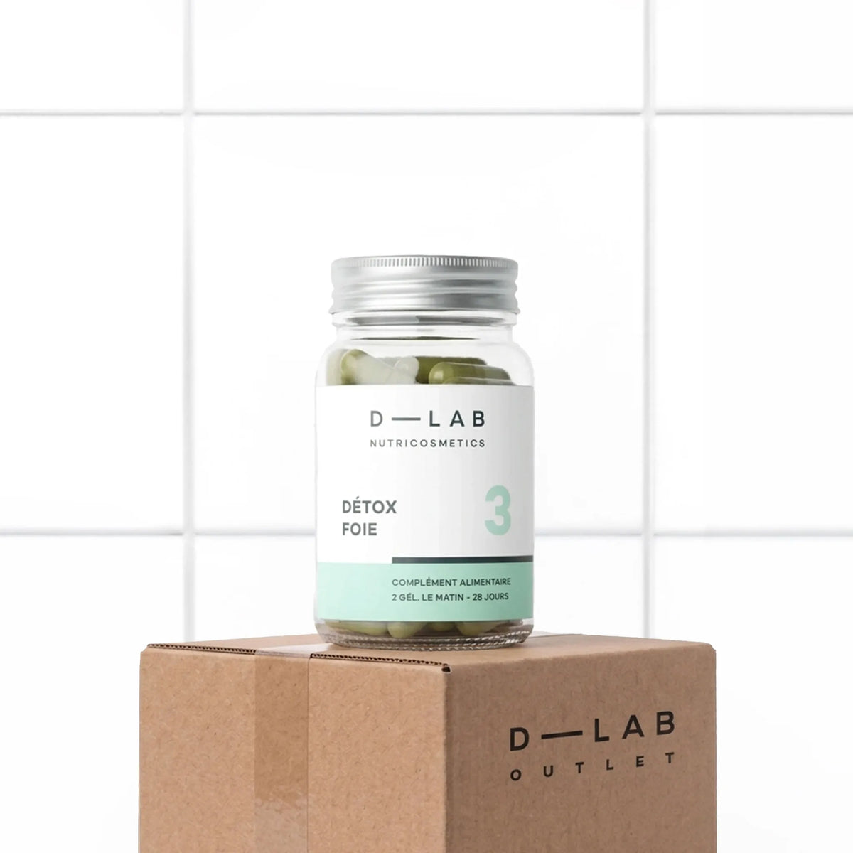 Détox Foie D-LAB Nutricosmetics, cure 28 jours, dépollution & métaux lourds, packshot sur carton D-LAB Outlet