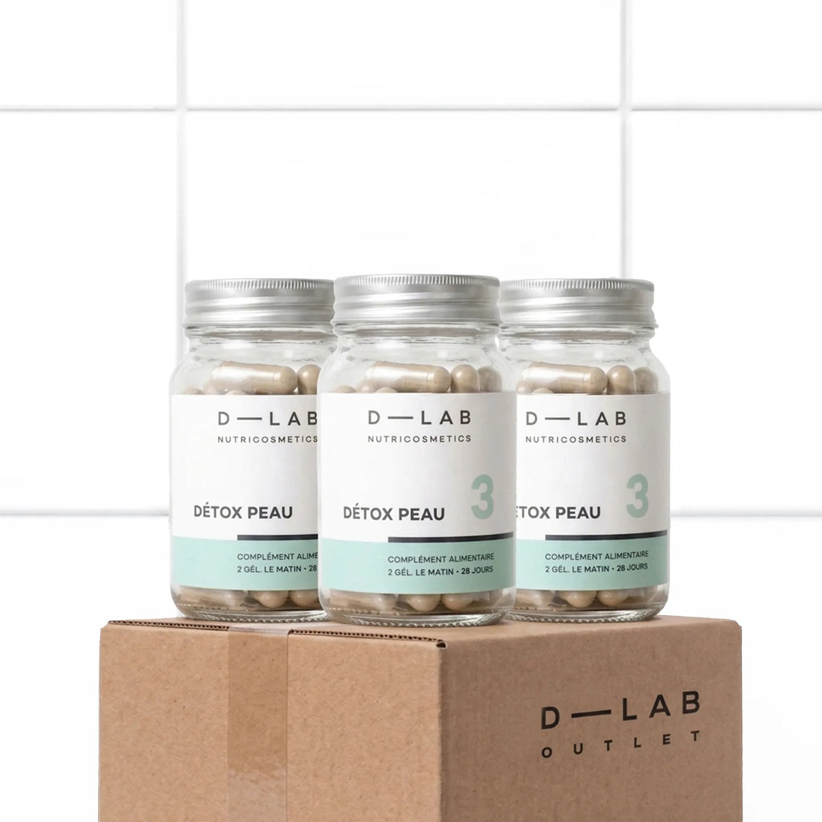 Détox Peau D-LAB Nutricosmetics, lot de 3, imperfections & glow, packshot sur carton D-LAB Outlet