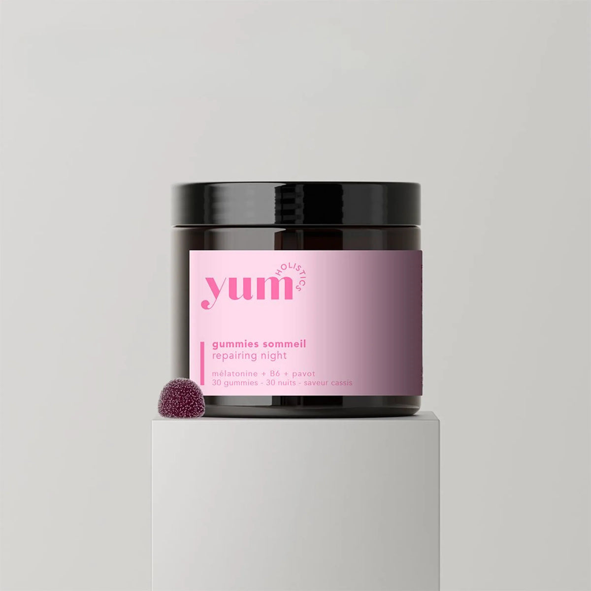 Gummies Sommeil Yum Holistics, packshot du produit sur fond neutre, nuit reparatrice