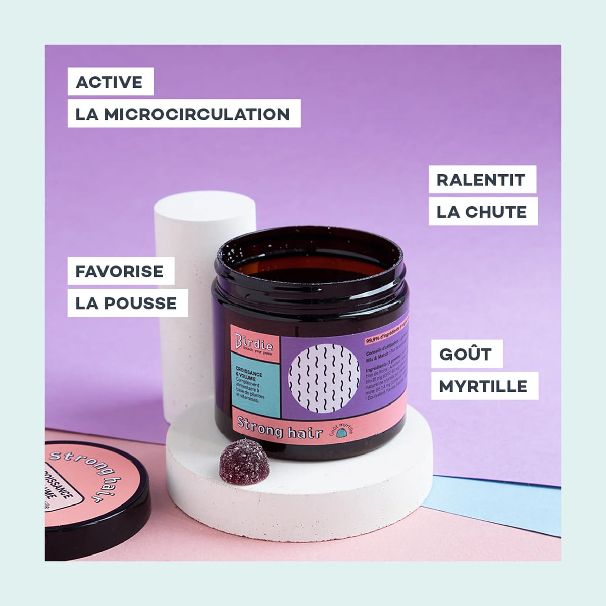 Gummies Strong Hair Birdie, visuel détaillant les actions du produit, fibre capillaire renforcee