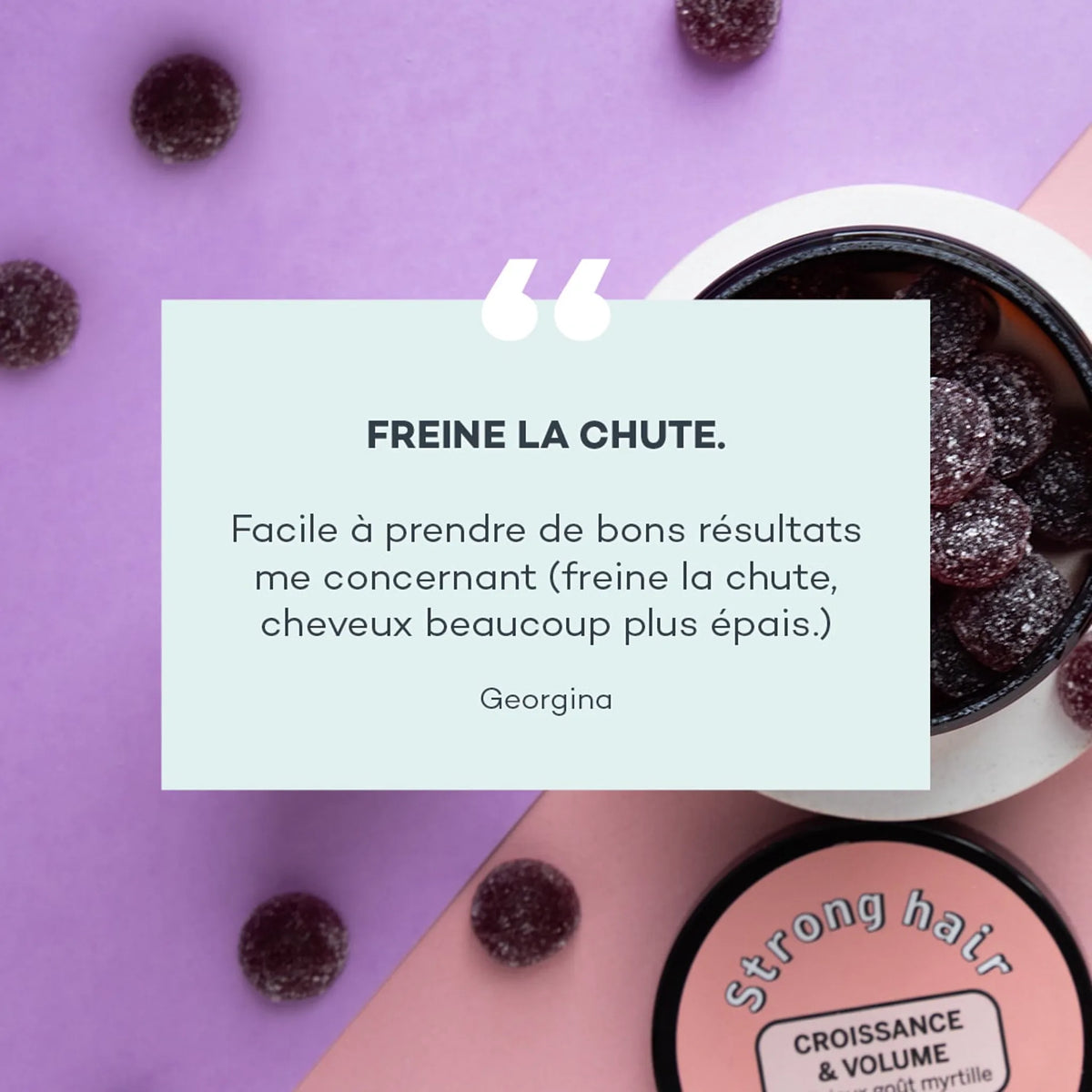 Gummies Strong Hair Birdie, visuel reprenant des avis clientes, fibre capillaire renforcee