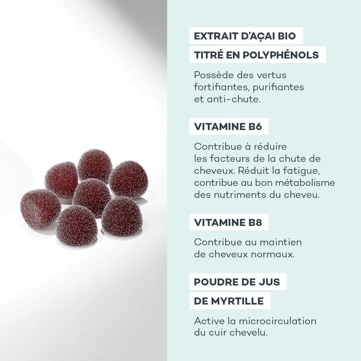 Gummies Strong Hair Birdie, visuel détaillant les ingrédients et leurs dosages, fibre capillaire renforcee