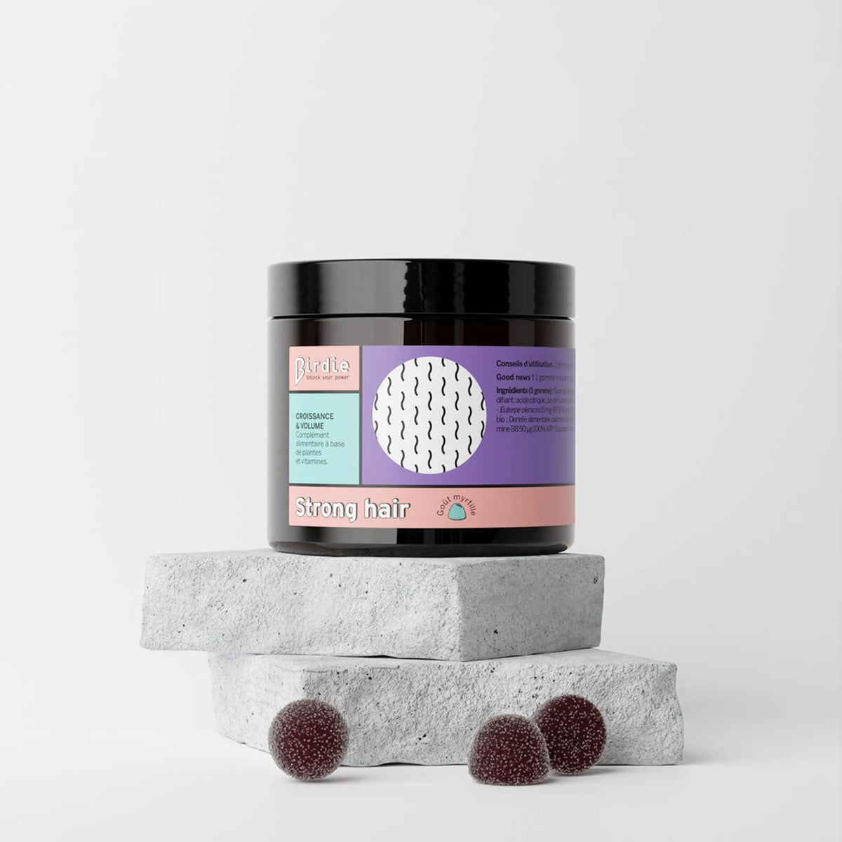 Gummies Strong Hair Birdie, packshot du produit sur fond neutre, fibre capillaire renforcee