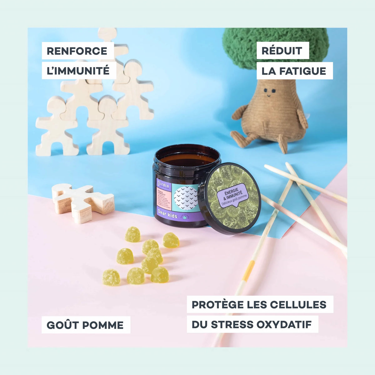 Gummies Vitamines Enfants Birdie, visuel détaillant les actions du produit, energie et immunite