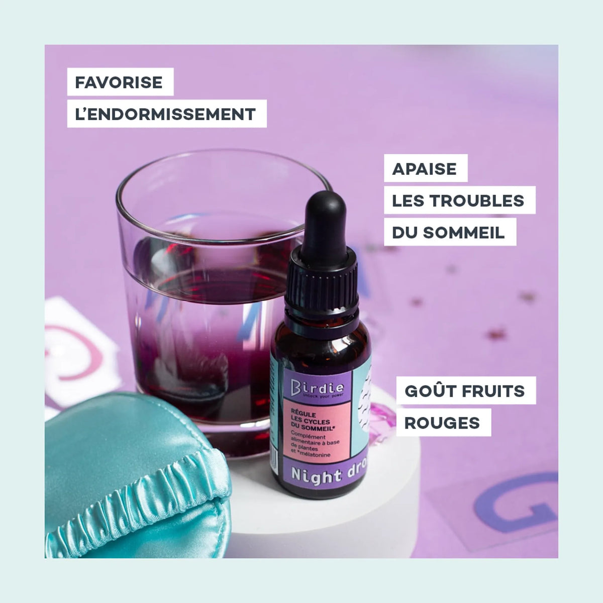 Night Drops Mélatonine Birdie, visuel détaillant les actions du produit, sommeil reparateur