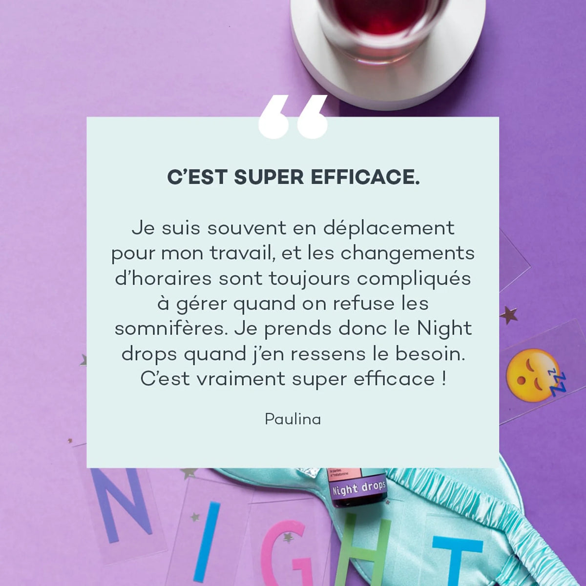 Night Drops Mélatonine Birdie, visuel reprenant des avis clientes, sommeil reparateur