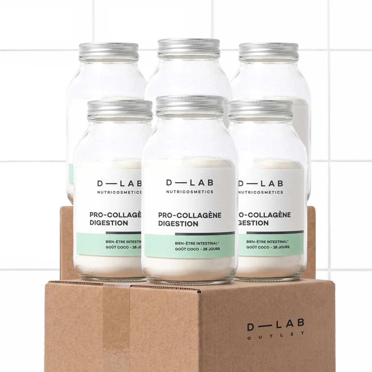Six pots de Pro-Collagène Digestion D-LAB, cure 6 mois de collagène, glutamine et prébiotiques, packshot sur carton D-LAB Outlet