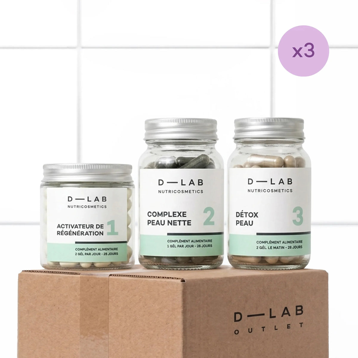 Routine Peau-Parfaite D-LAB Nutricosmetics, lot de 3, peau lisse & glowy, packshot sur carton D-LAB Outlet