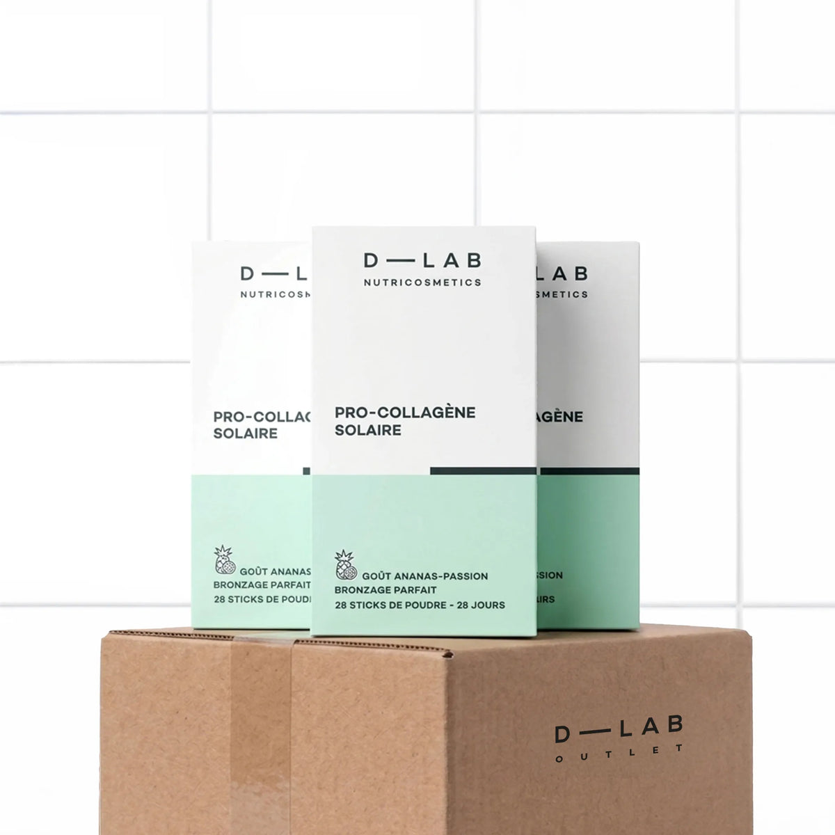 Sticks Collagène & Mélanine D-LAB Nutricosmetics, lot de 3, bronzage optimisé & protégé, packshot sur carton D-LAB Outlet